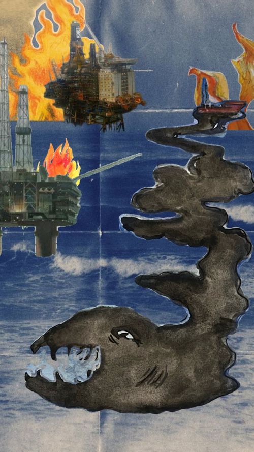 Illustration of two offshore oil platforms on fire with smoke forming a sea creature shape in the ocean.