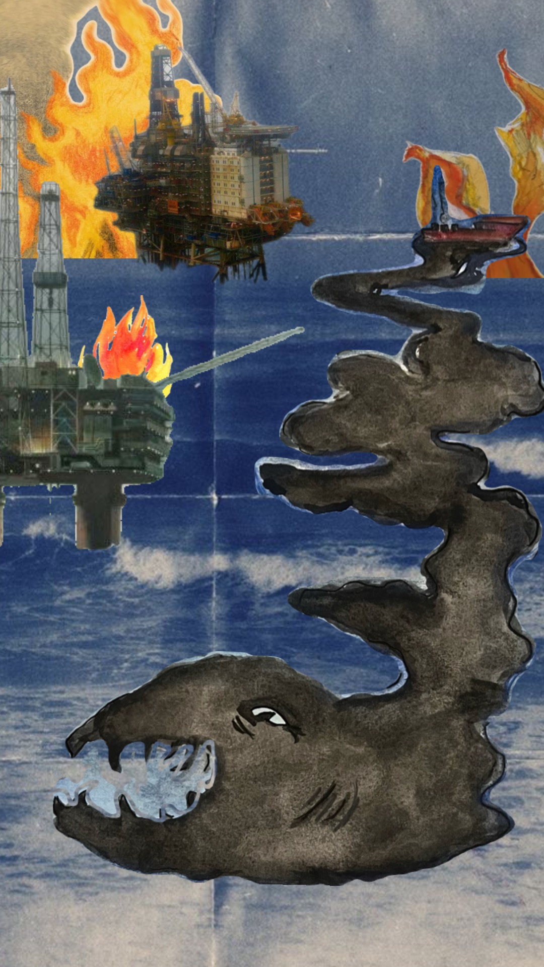Illustration of two offshore oil platforms on fire with smoke forming a sea creature shape in the ocean.