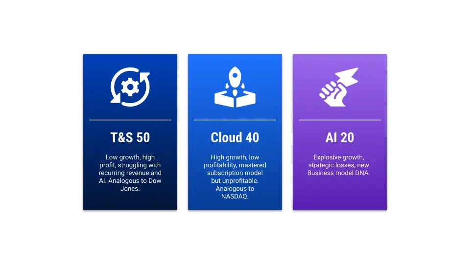 A comparison of T&S 50, Cloud 40, and AI 20 highlights differences in growth, profitability, and business models.