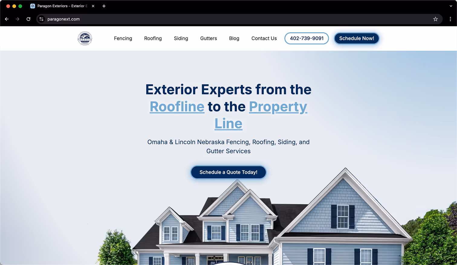 Screenshot of the Paragon Exteriors website homepage