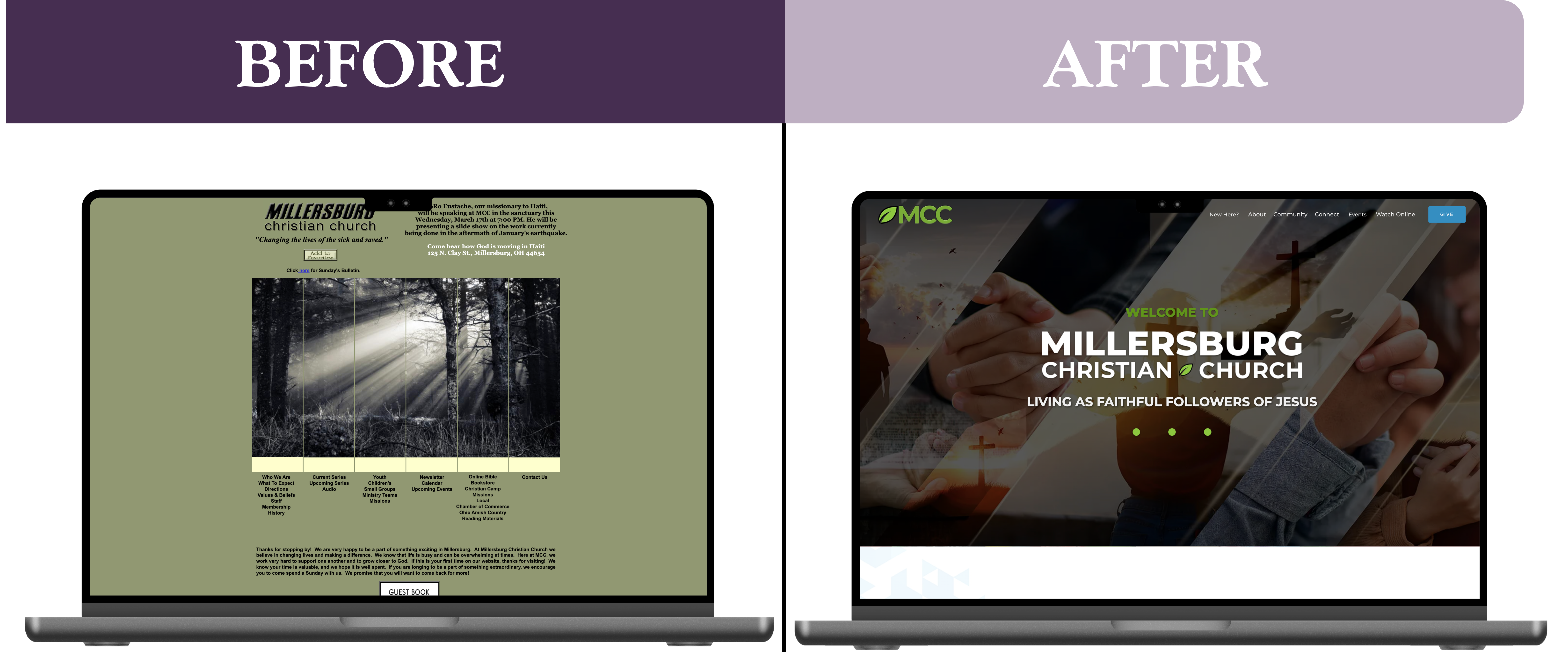 A before and after of a website that we rebuilt: Millersburg Christian Church.