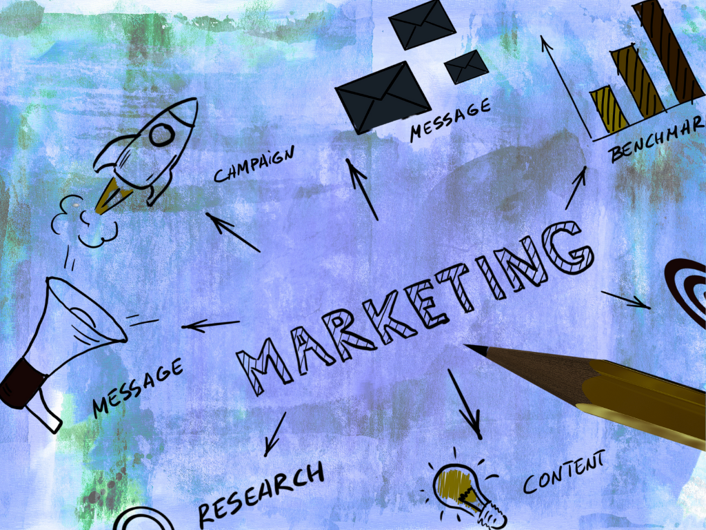 Digital marketing strategy illustration featuring hand-drawn elements including rocket ship for campaign launch, megaphone for message amplification, envelope icons, bar chart for benchmarking, magnifying glass for research, lightbulb for content ideas, and pencil on blue watercolor background