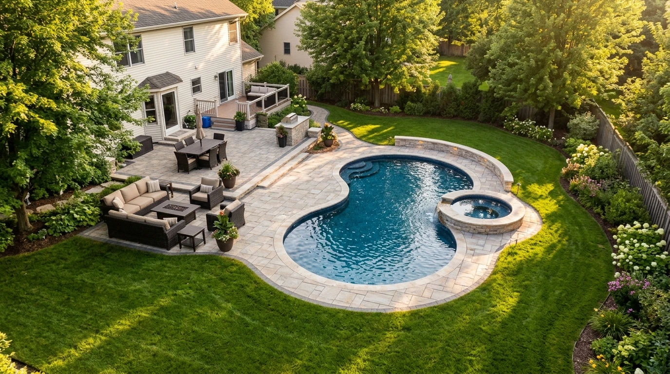 A drone aerial shot of a completed custom in-ground pool with surrounding hardscaping, green lawn, and patio furniture in a Minneapolis-area backyard during summer, warm golden-hour lighting, family-friendly feel