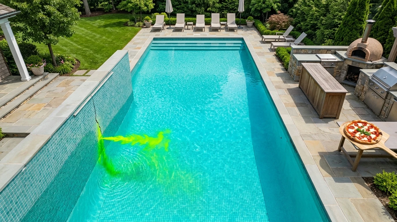 using dye testing near a pool wall crack, with turquoise water and visible dye trail, professional and clean setting