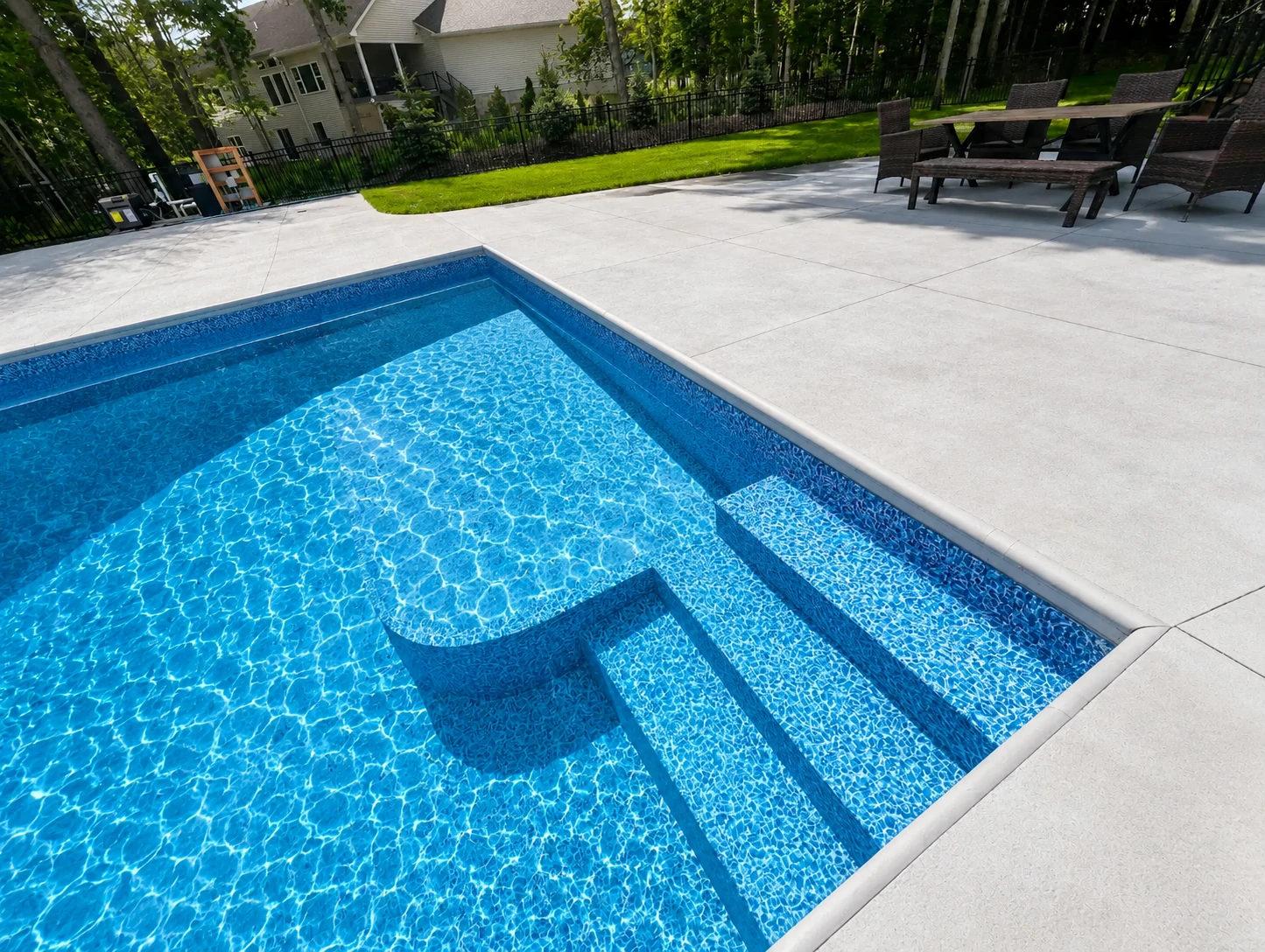 A pool inspector using testing equipment beside a residential in-ground pool in early spring with bare trees and melting snow in the background, Minnesota suburban backyard, professional and seasonal feel, morning light