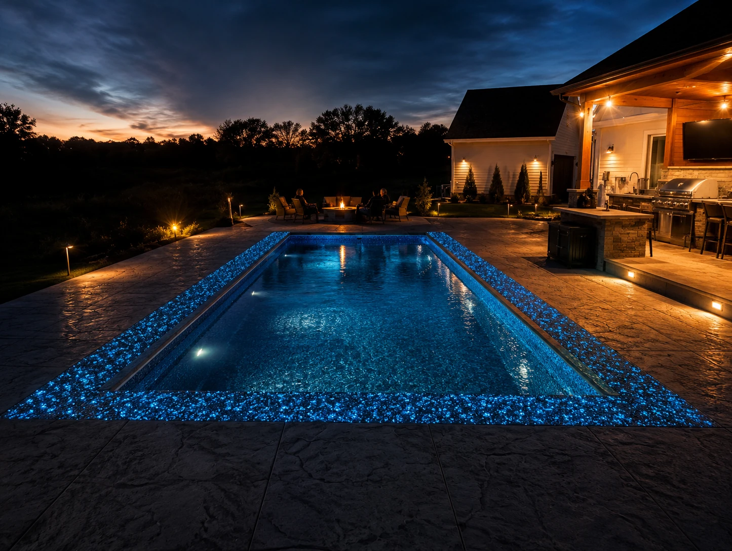 A pool leak detection technician using electronic listening equipment on the edge of a residential in-ground pool, with clear blue water and a Minnesota suburban backyard in summer, professional and high-tech feel