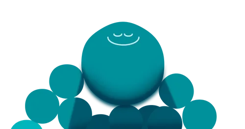 An enlightened-looking turquoise sphere with eyes closed, above smaller spheres