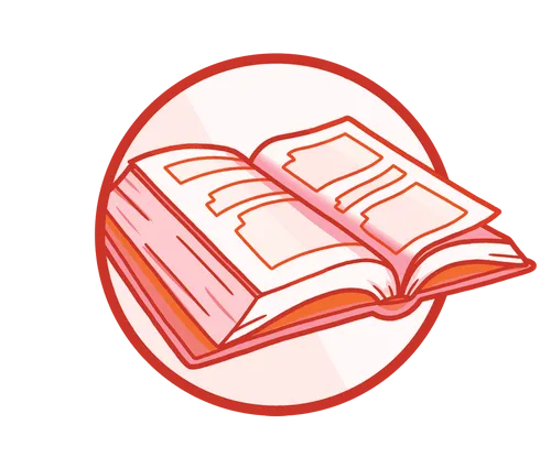 An orange and red, open textbook
