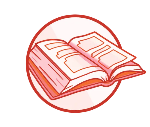 A red, open textbook
