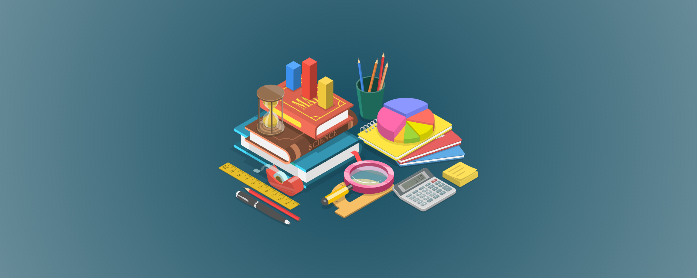 a graphic of school supplies representing various subjects