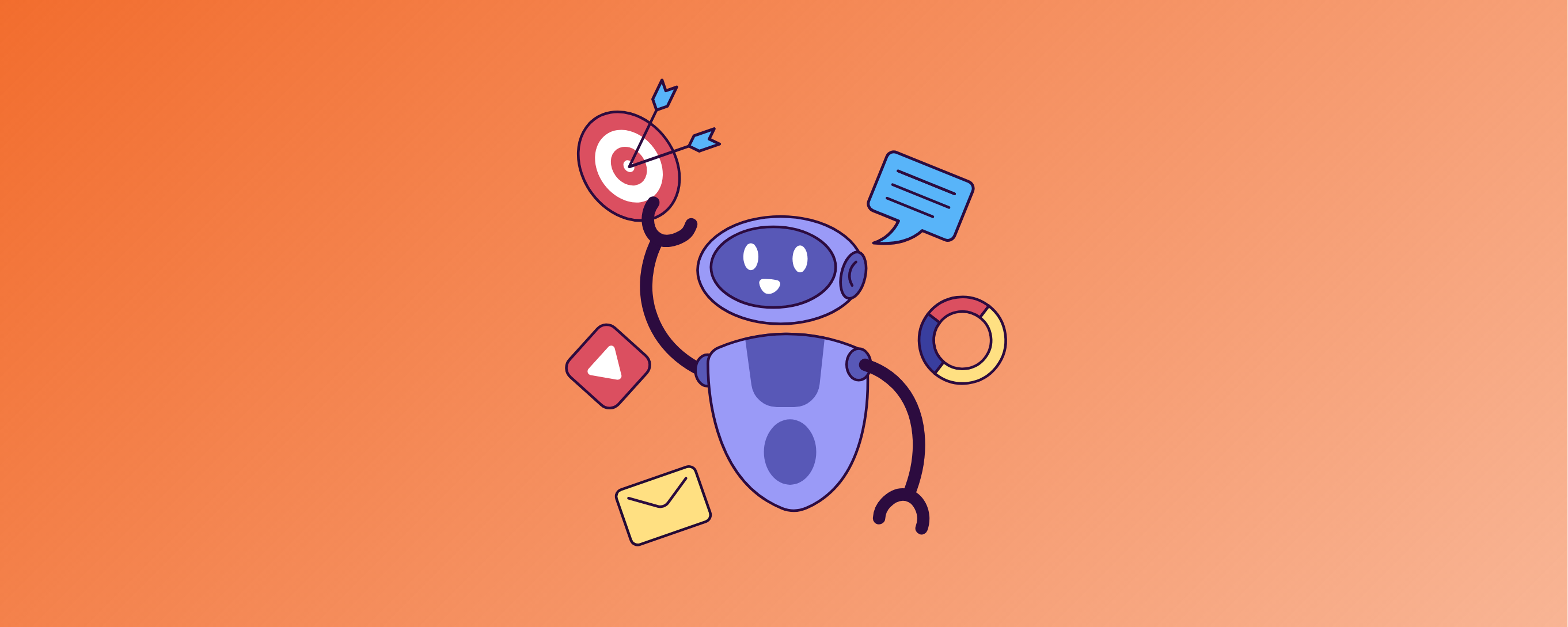 an illustration of a robot surrounded by a target, a play button, a chart, an envelope and a message icon