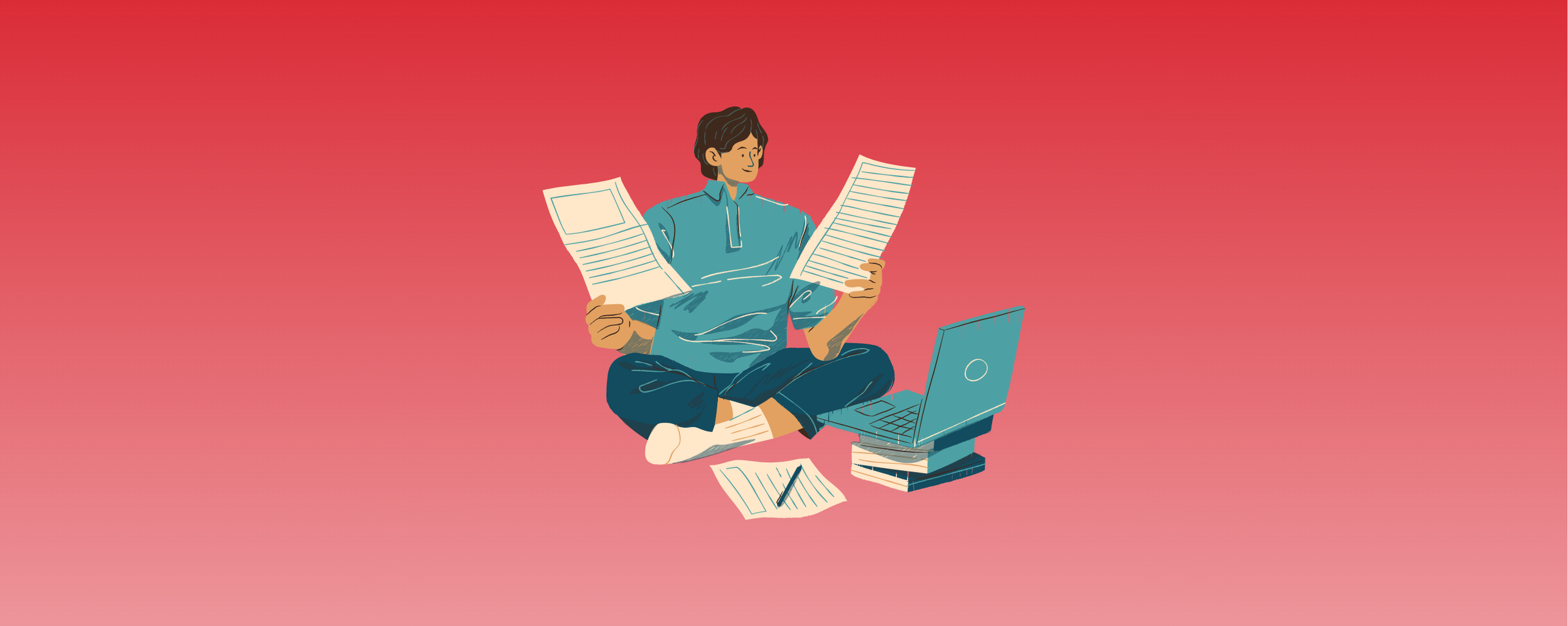 an illustration of a student reading papers in front of a computer