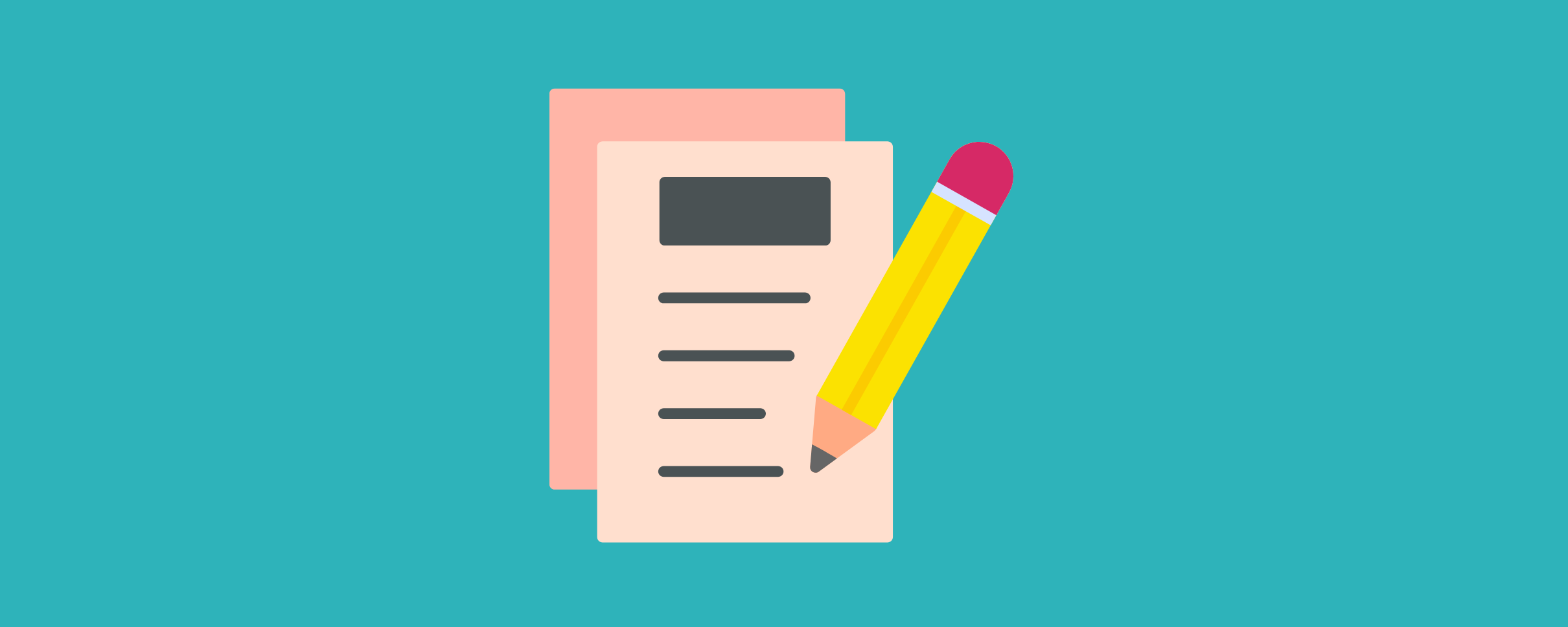 Flat illustration of two stacked sheets of paper with a yellow pencil, representing college application essays