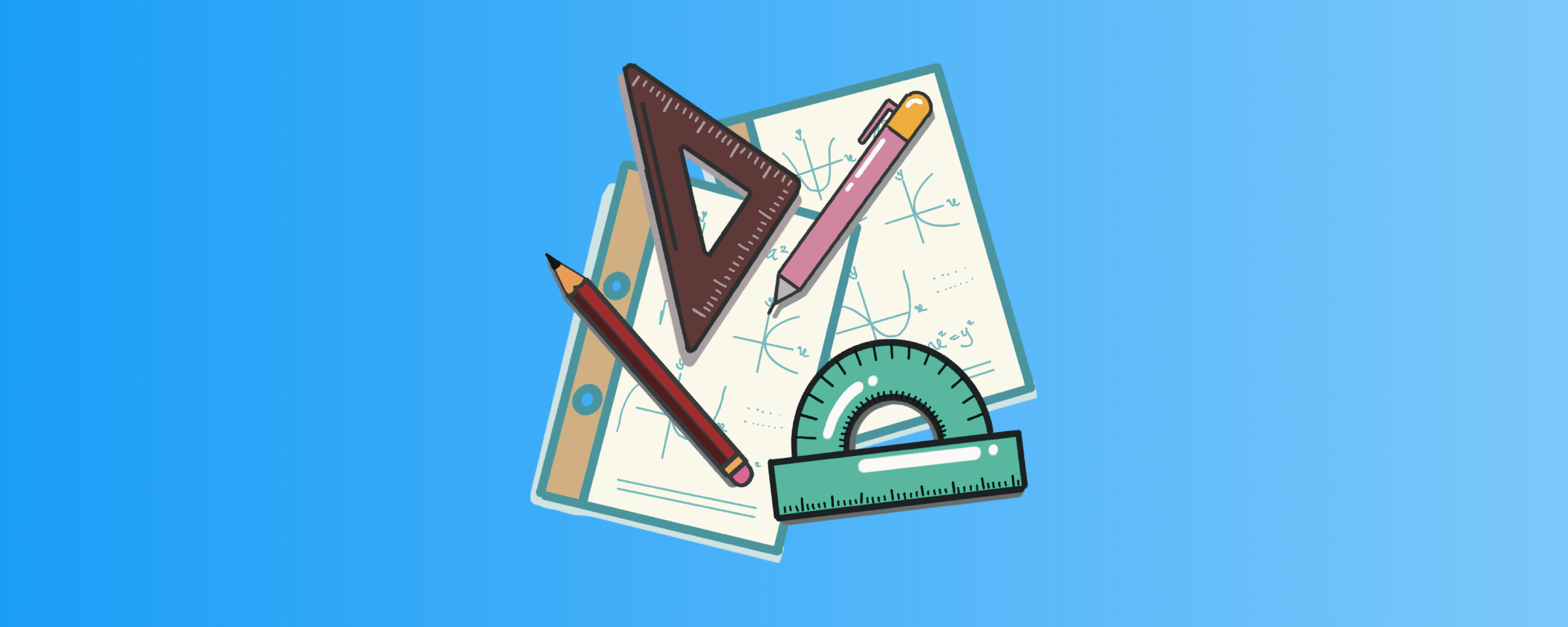 Illustration of graph paper covered in equations with a protractor, set square, ruler, and pencils, representing the University of California's debate over reinstating SAT and ACT math requirements