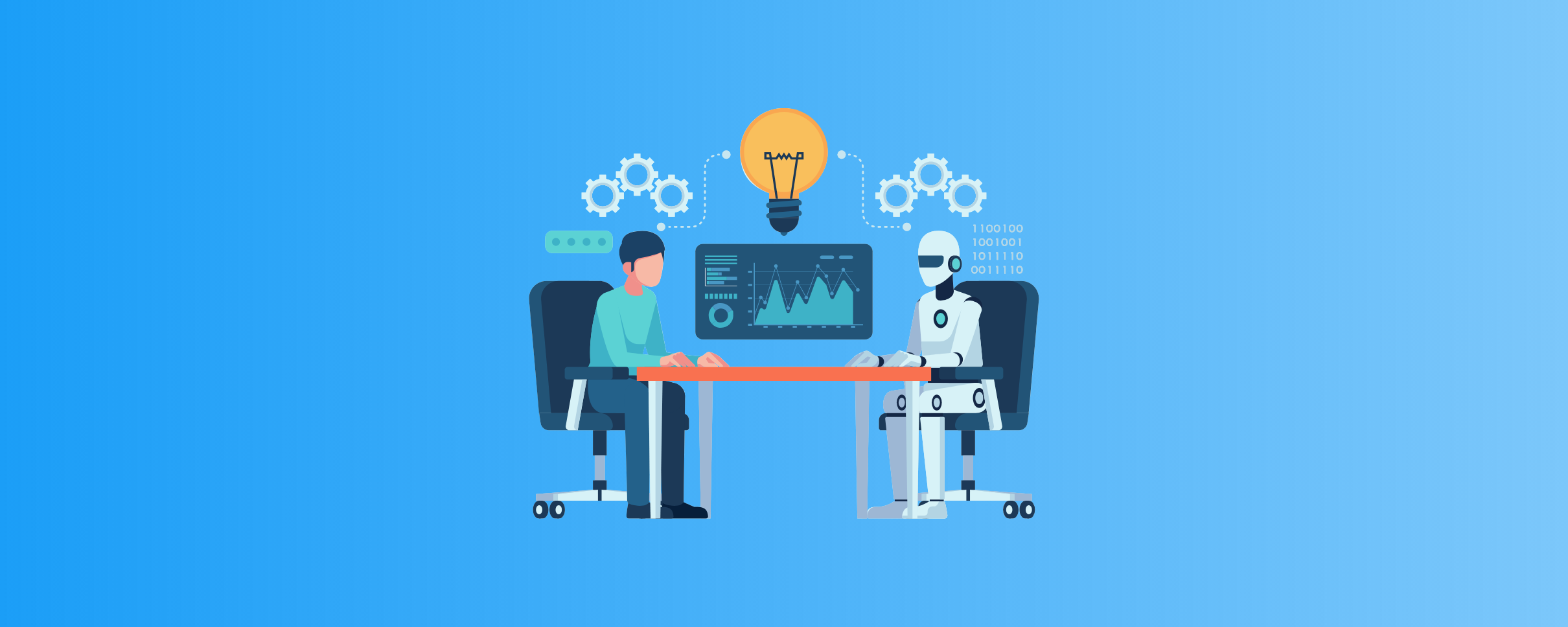 an illustration of a person and a robot sitting at computers 