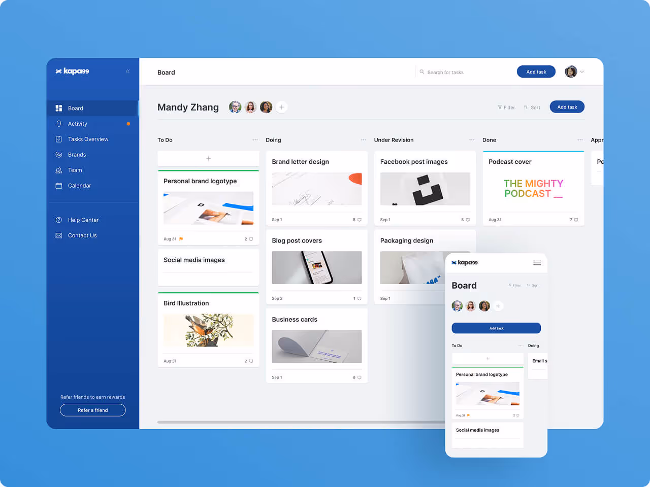 Task management system dashboard design for Kapa99 - Desktop and mobile versions