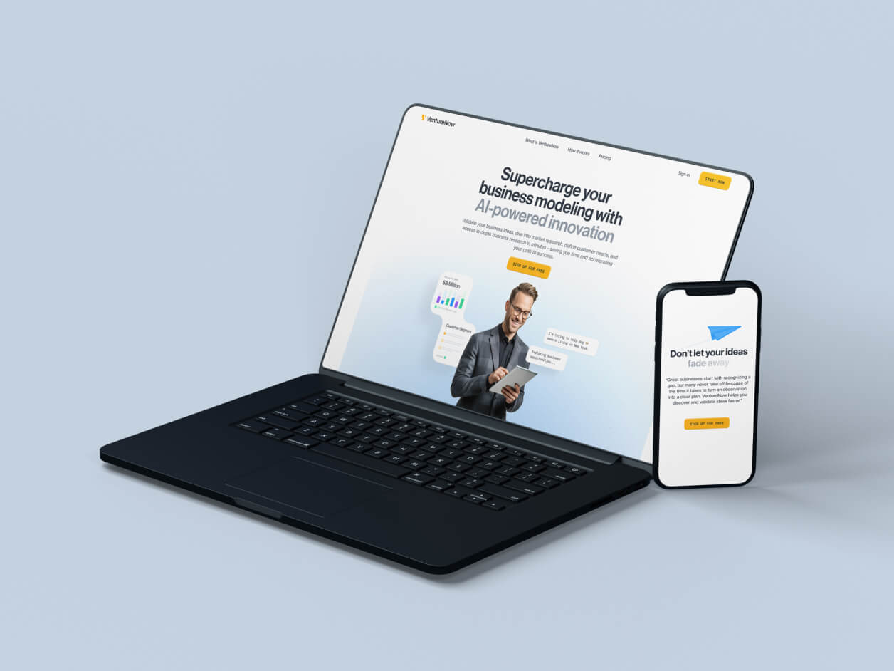 VentureNow landing page design shown on laptop and smartphone screens