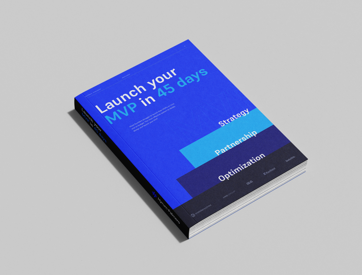 E-book cover mockup titled Launch your MVP in 45 days, showcasing strategy, partnership, and optimization design elements