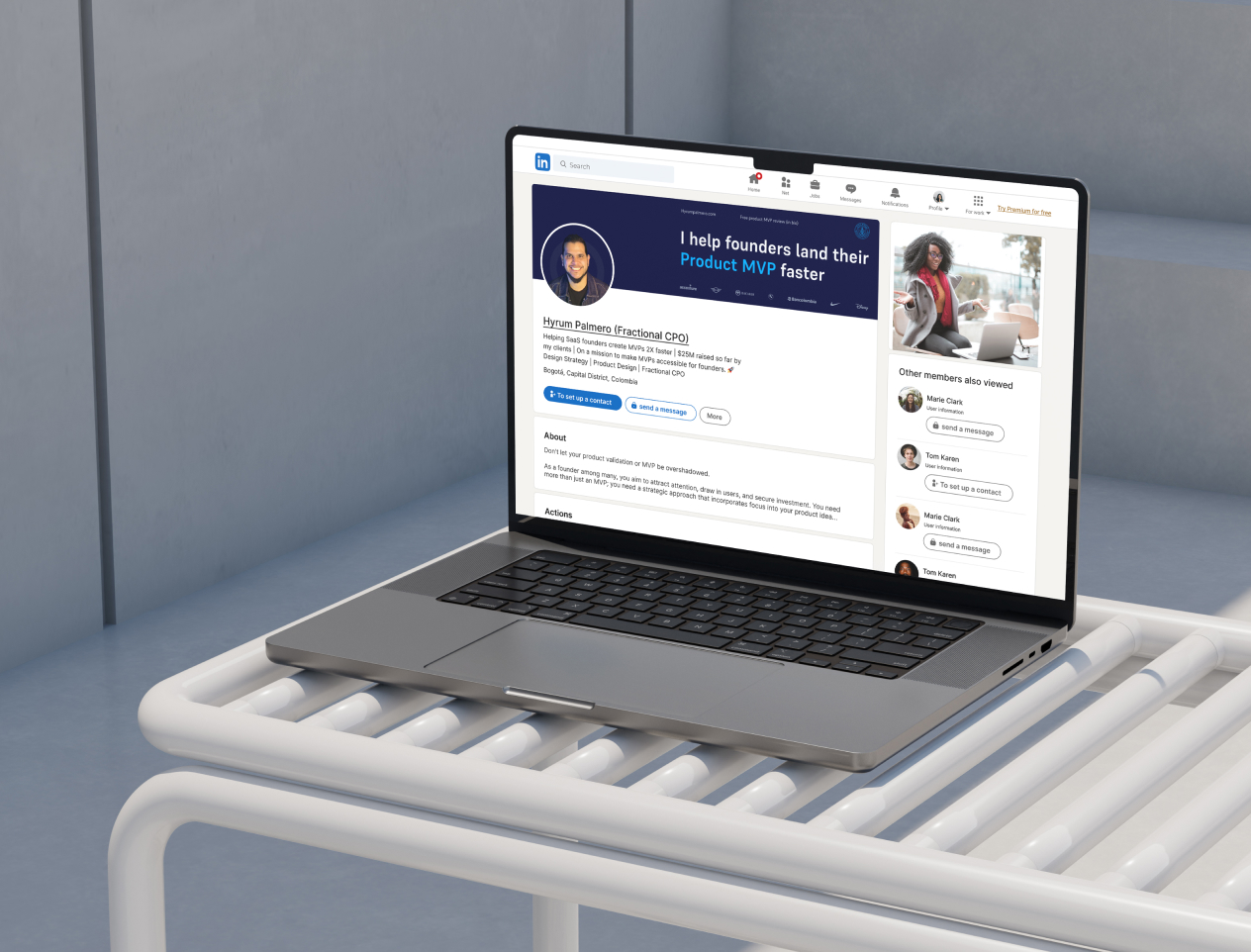 A laptop displaying the new design for Hyrum Palmero’s LinkedIn profile