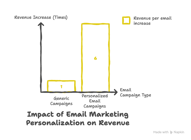 Bar graph illustrating revenue increase from email campaigns: 1x for generic vs. 6x for personalized campaigns, highlighting effectiveness.