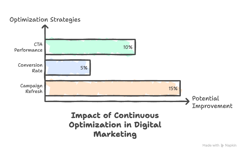 Bar graph showing the impact of digital marketing optimization strategies: CTA Performance 10%, Conversion Rates 5%, Campaign Refresh 15%.