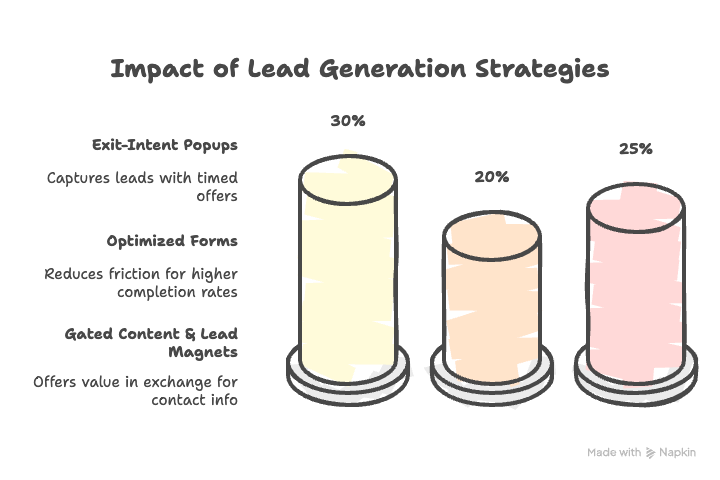 Bar graph depicting lead generation strategies: Exit-Intent Popups (30%), Optimized Forms (20%), Gated Content & Lead Magnets (25%).