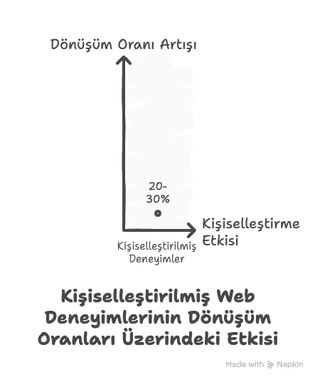 Kişiselleştirilmiş web deneyimlerinin dönüşüm oranları üzerindeki etkisini gösteren ve %20-30'luk bir artışa işaret eden bir grafik.