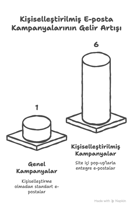 Genel ve kişiselleştirilmiş e-posta kampanyalarını karşılaştıran infografik, kişiselleştirilmiş stratejilerle önemli bir gelir artışı olduğunu gösteriyor.