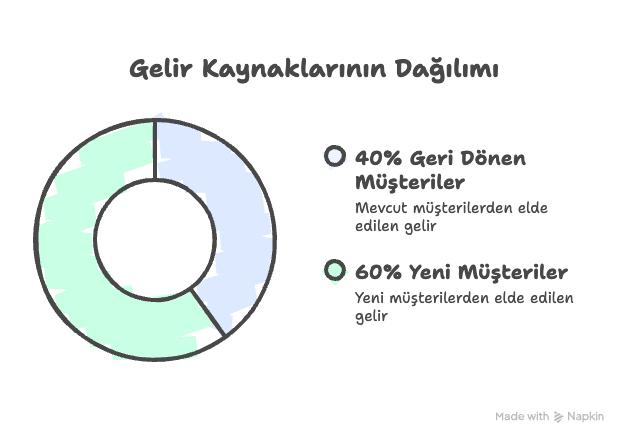 Gelir dağılımını gösteren pasta grafik: %40'ı geri dönen müşterilerden, %60'ı yeni müşterilerden elde edilen gelir, Türkçe olarak etiketlenmiş.