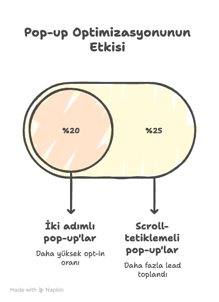 Pop-up optimizasyonunun etkisini gösteren grafik; iki adımlı pop-up’ların %20 daha yüksek opt-in oranı, scroll-tetiklemeli pop-up’ların ise %25 daha fazla lead topladığını vurgulayan karşılaştırmalı görsel.