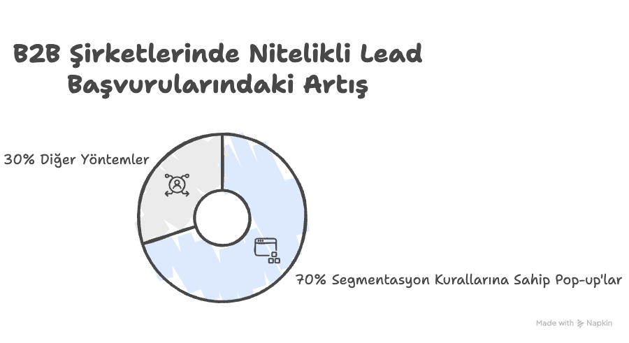 B2B şirketlerinde nitelikli lead başvurularındaki artışı gösteren dairesel grafik; segmentasyon kurallarına sahip pop-up’ların %70 oranla en yüksek performansı sağladığını, diğer yöntemlerin ise %30 katkı sunduğunu gösteren görsel.