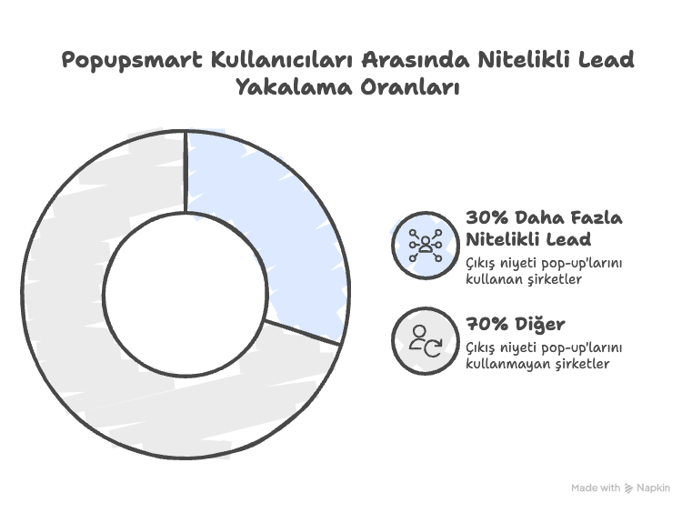 Popupsmart kullanıcılarında çıkış niyetli pop-up’ların %30 daha fazla nitelikli lead sağladığını gösteren donut grafik.