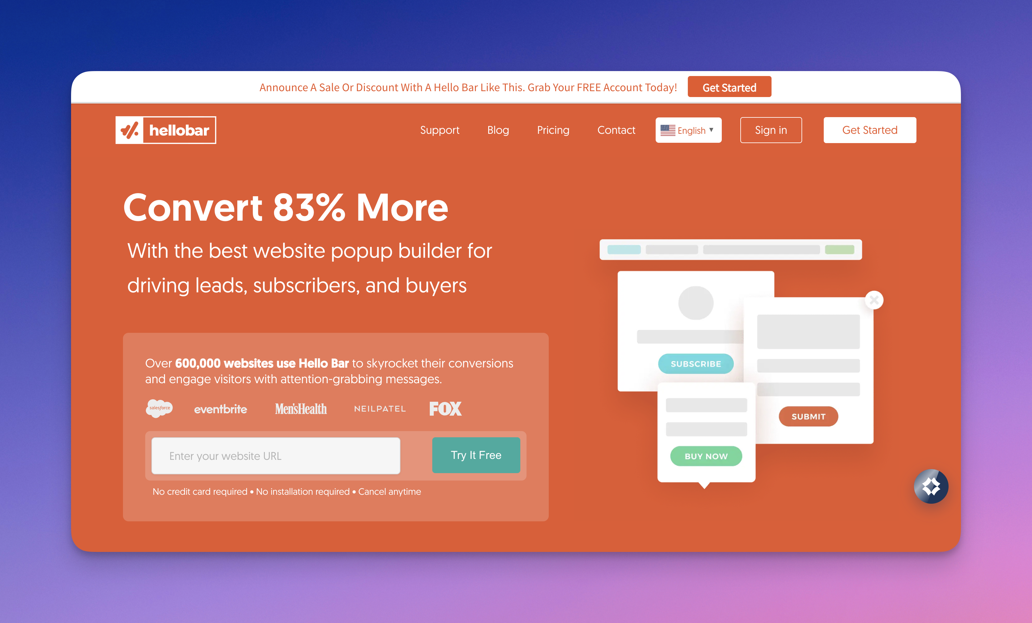 Hello Bar's website image