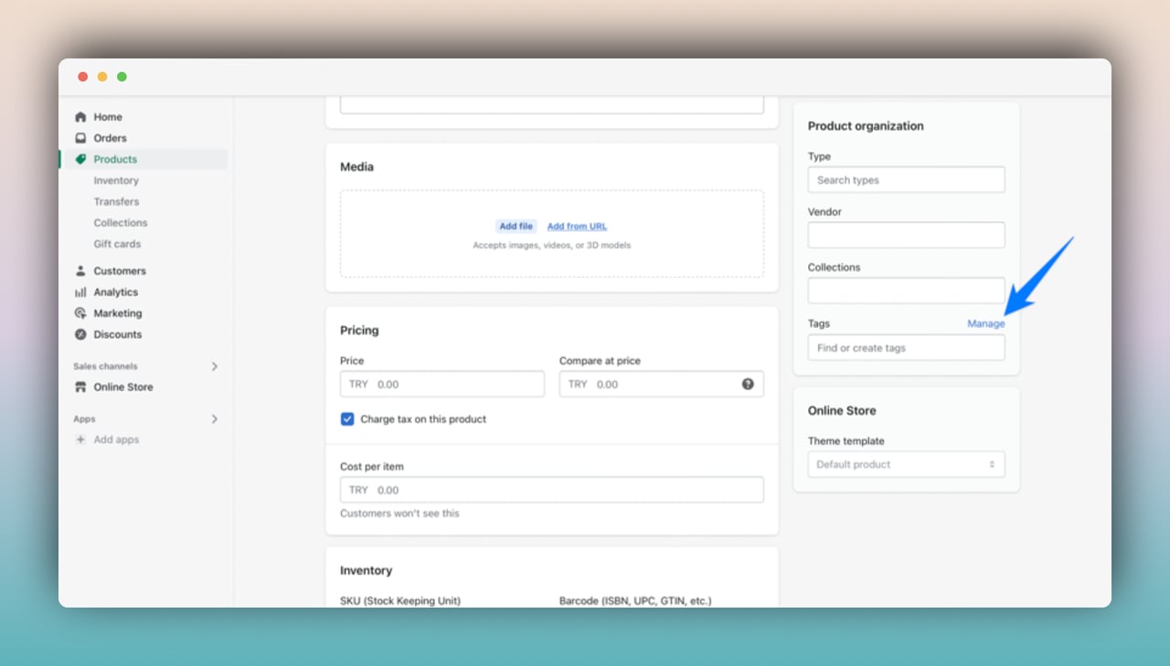 a screenshot of Shopify Admin panel products page with a blue arrow pointing at tags section