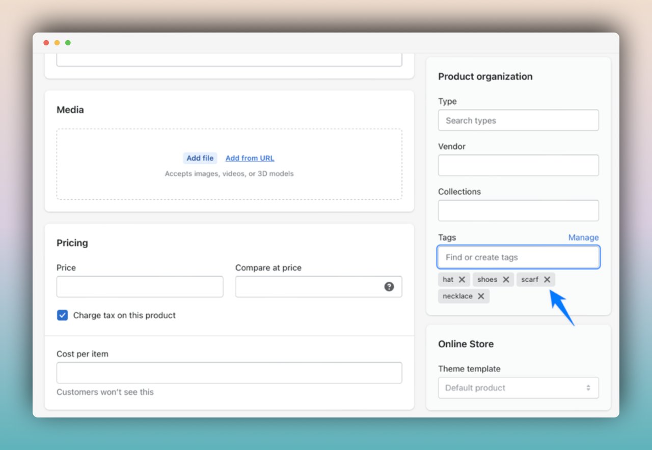 a screenshot of Shopify product page with media, pricing and product organization parts and a blue arrow pointing at tags showing how to remove them