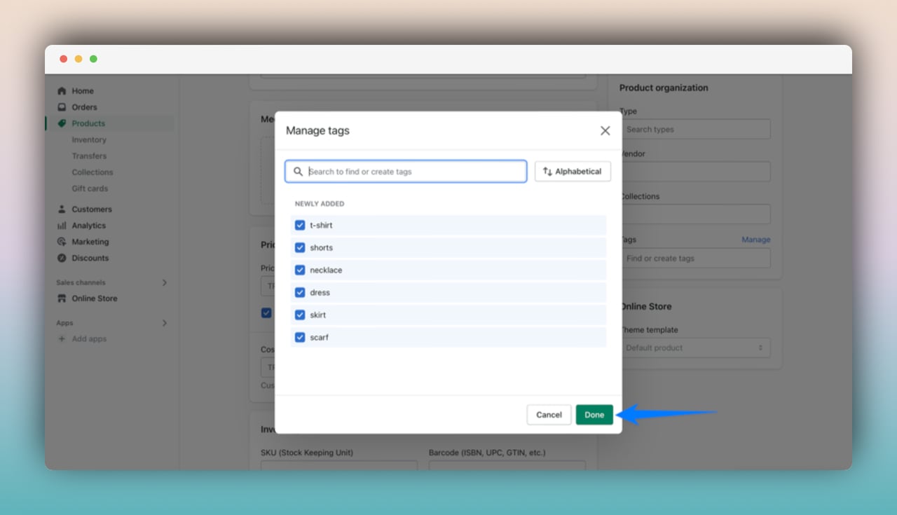 a screenshot of Shopify "Manage Tags" panel with a search bar and tags below like t-shirt, shorts, necklace