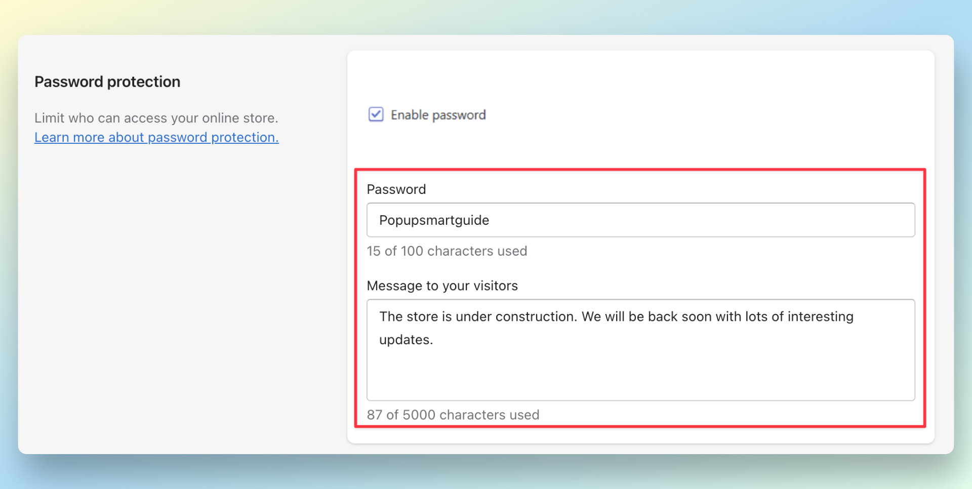 Shopify dashboard page showing step two of setting a password protection for maintenance mode