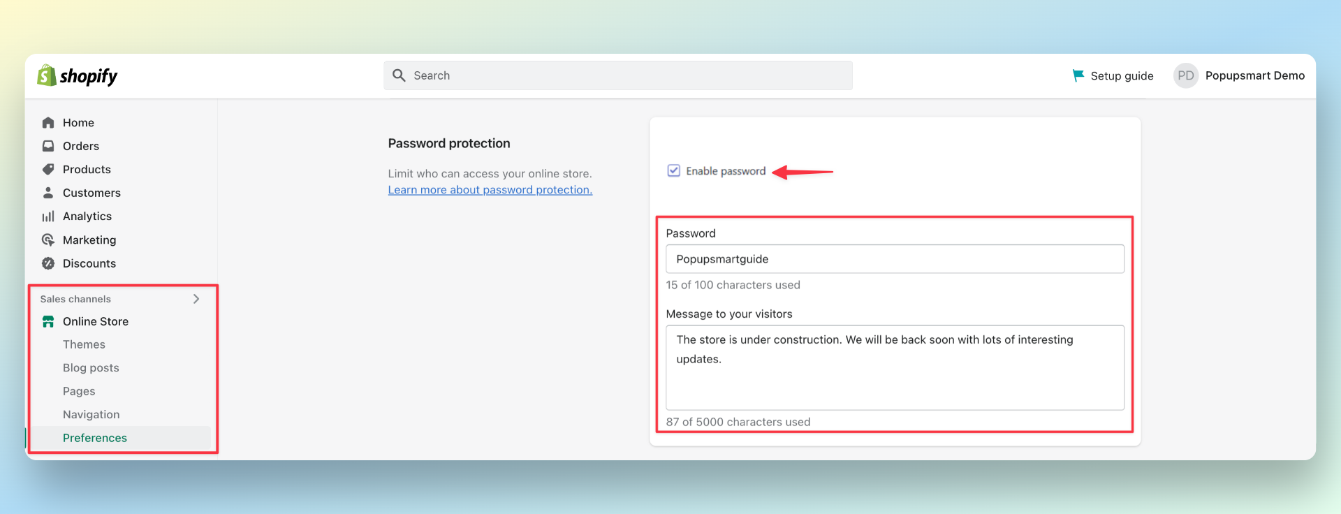 Shopify dashboard page showing step four of setting a password protection for maintenance mode