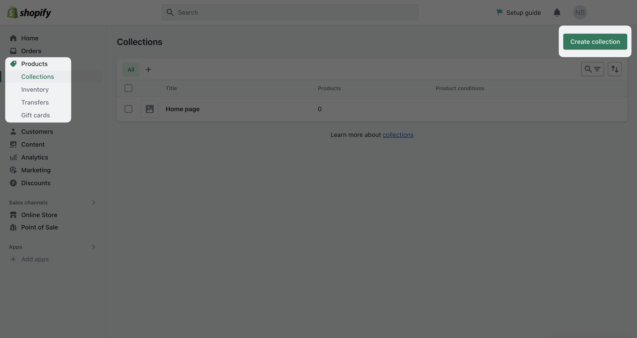 creating a shopify collection page on Shopify admin with a "create collection" button in the upper right corner and some setting titles on the lfest-hand bar, products section highlighted