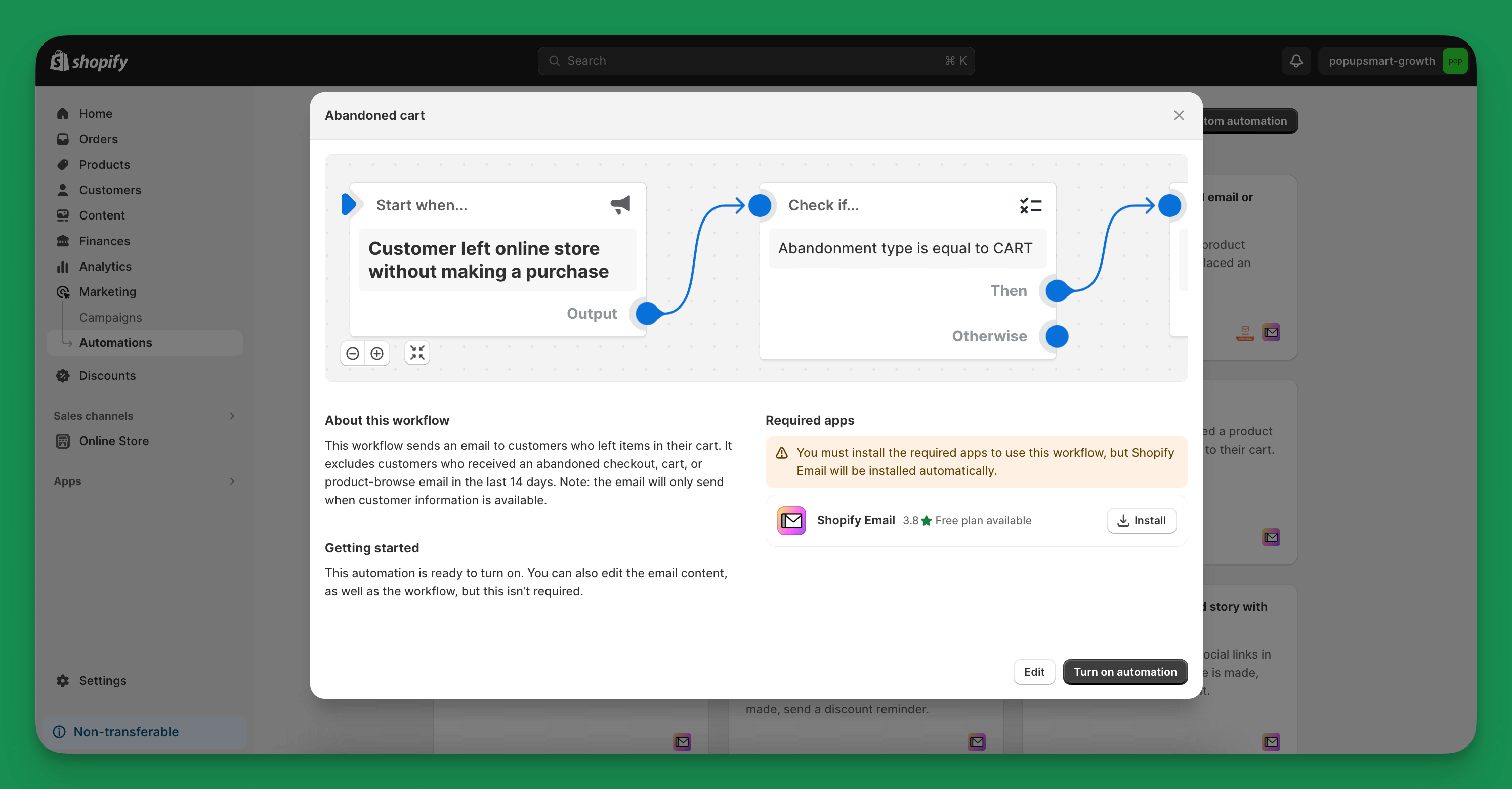 set up abandonment cart automation template view