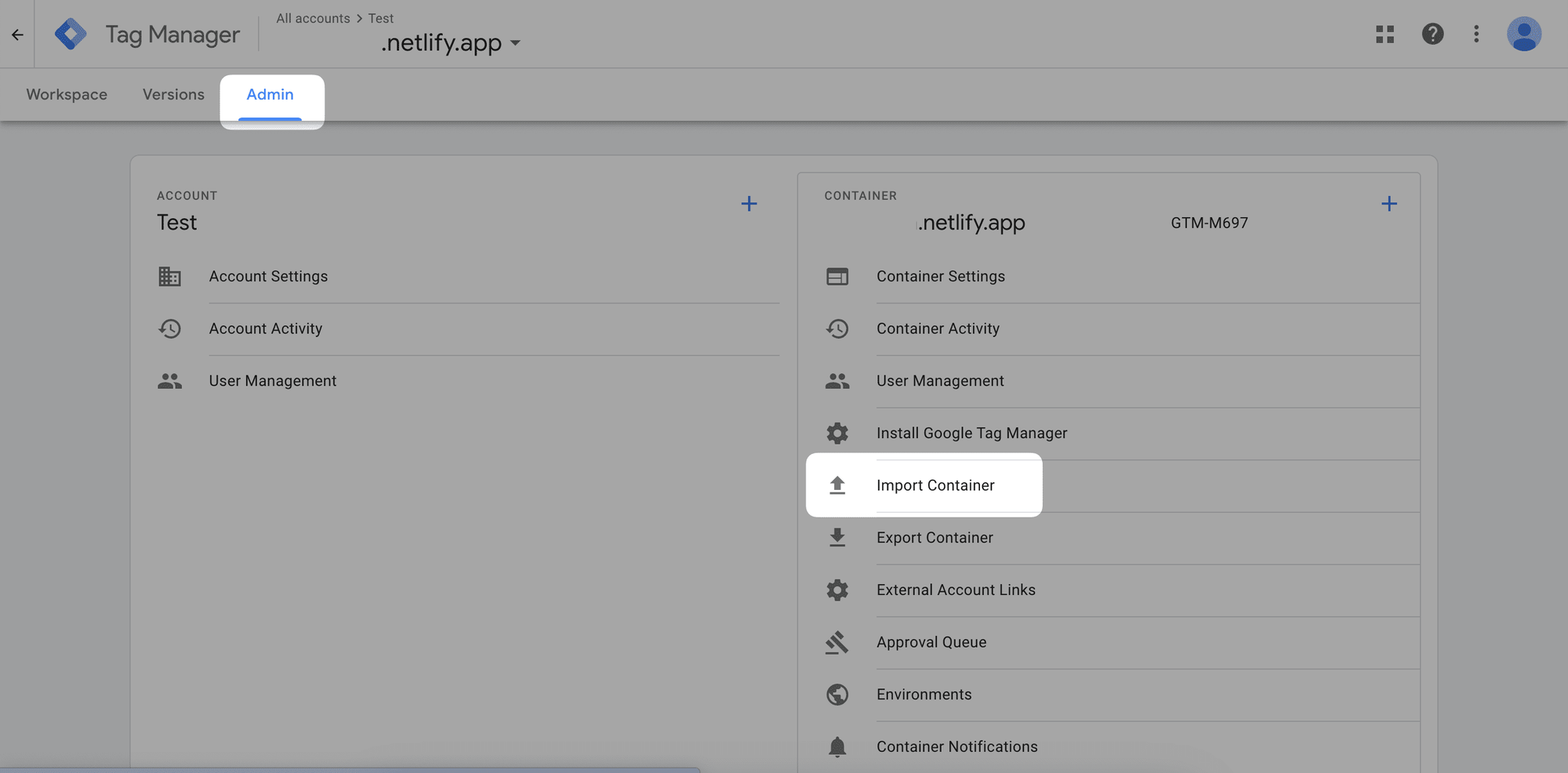 import container selection on gtm