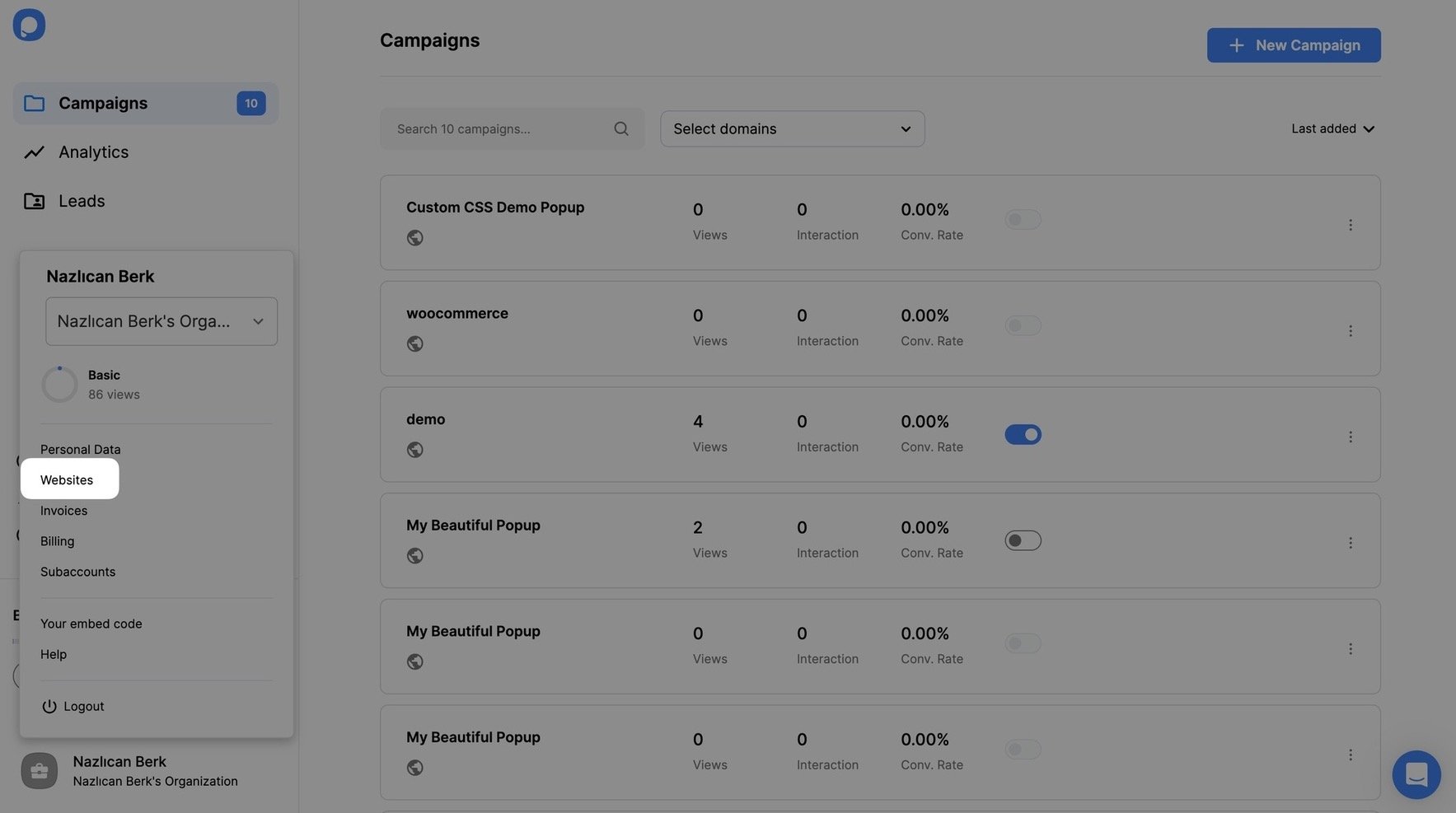 Popupsmart'ın Kampanyalar sayfası arayüzünde sol alt köşede açık olan ufak bir pencerede "Web Siteleri" vurgulanmış