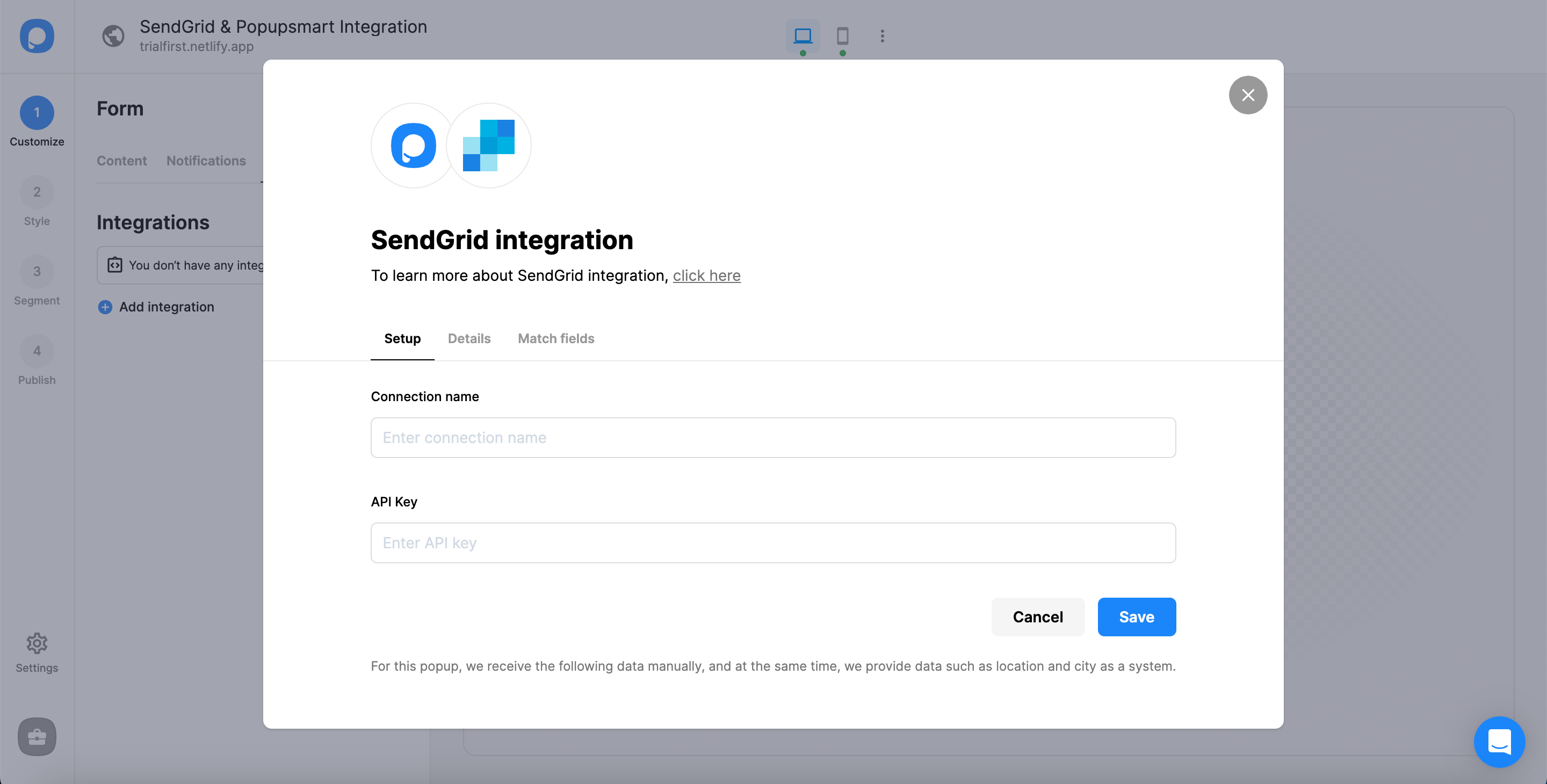 popupsmart setup sendgrid