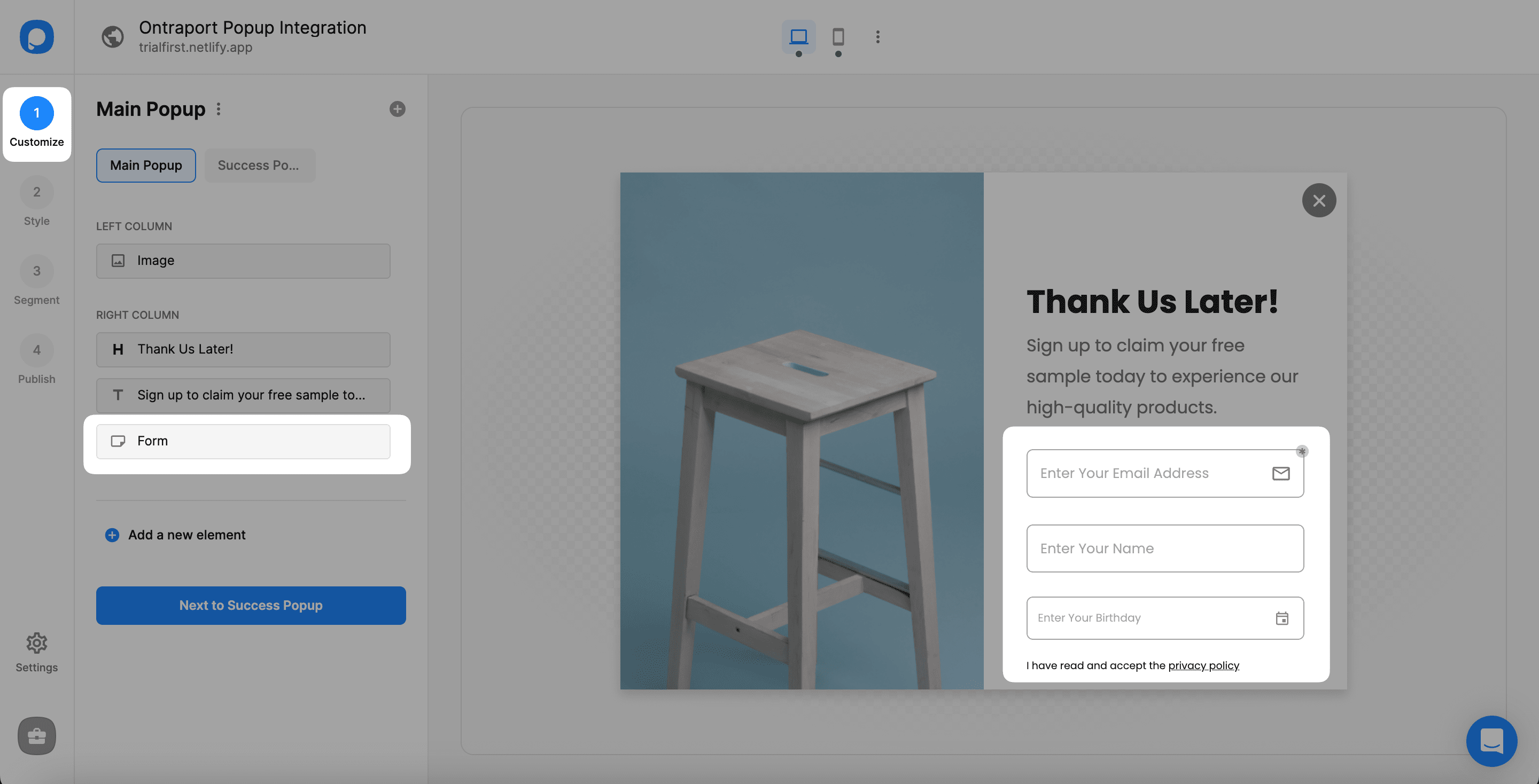 form customize popupsmart