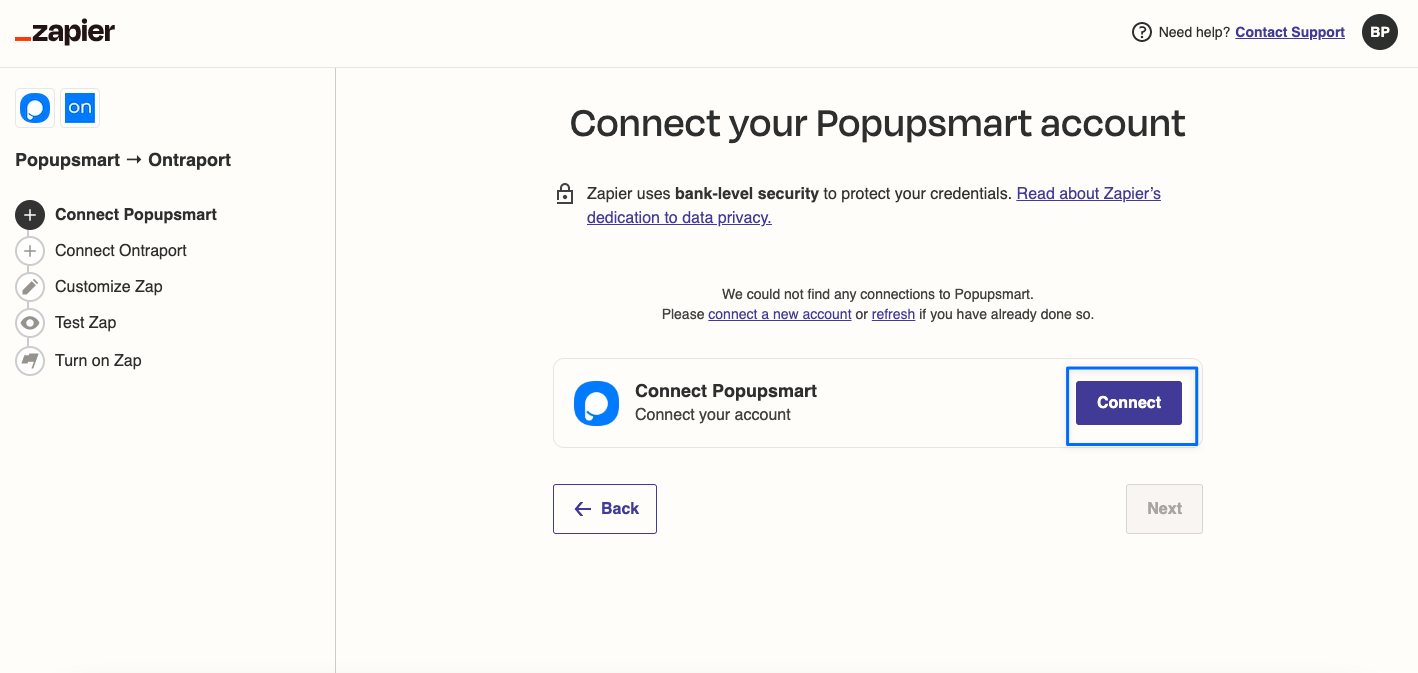 connect popupsmart ontraport