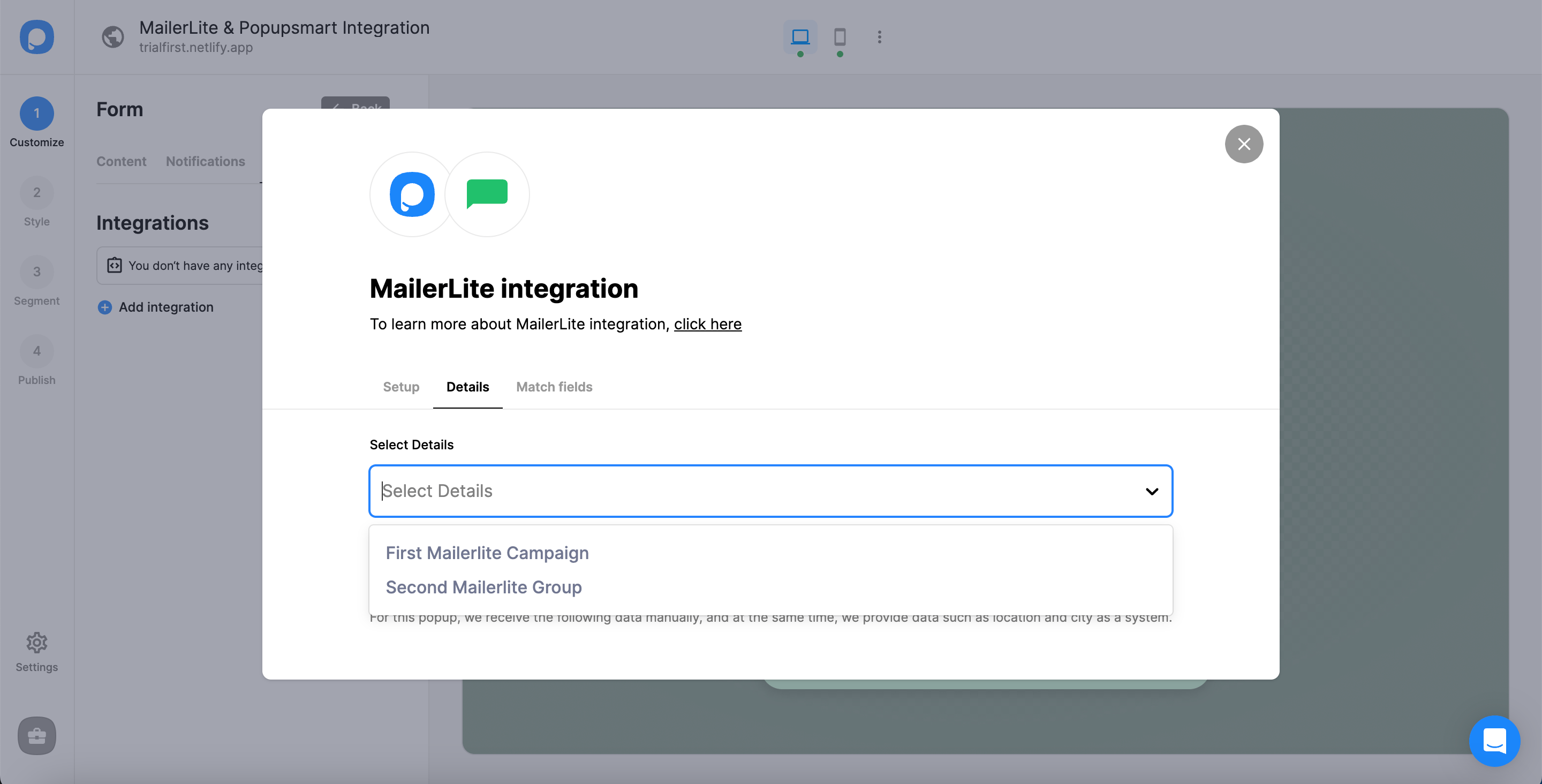 Popupsmart - MailerLite Details Section