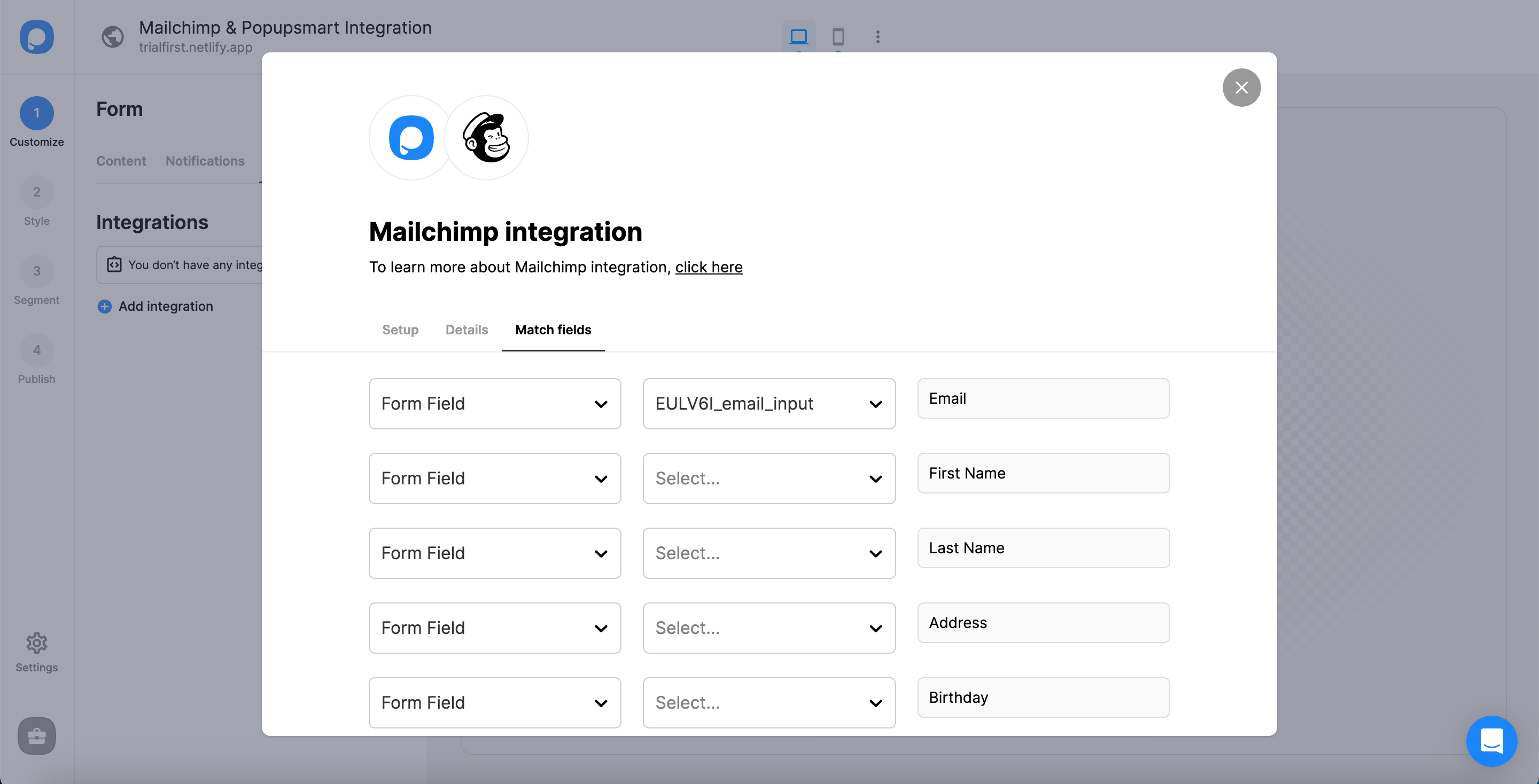 Match Fields Popupsmart