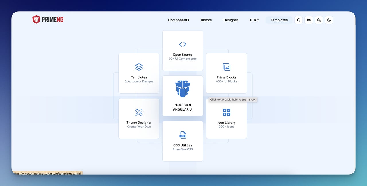 PrimeNG Angular UI bileşenleri sayfasının bir görüntüsü