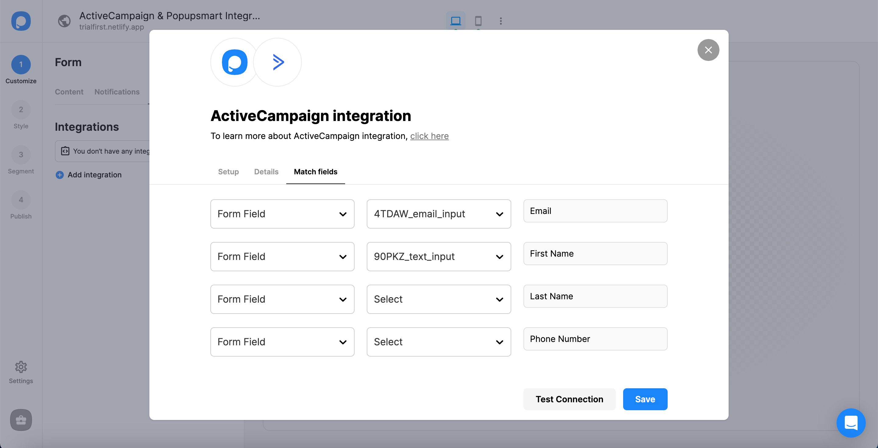 activecampaign match fields popupsmart