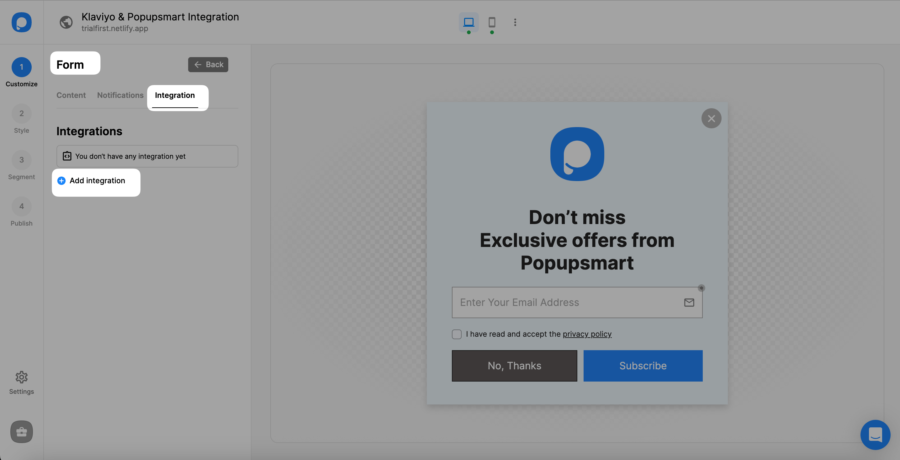 add integration popupsmart klaviyo